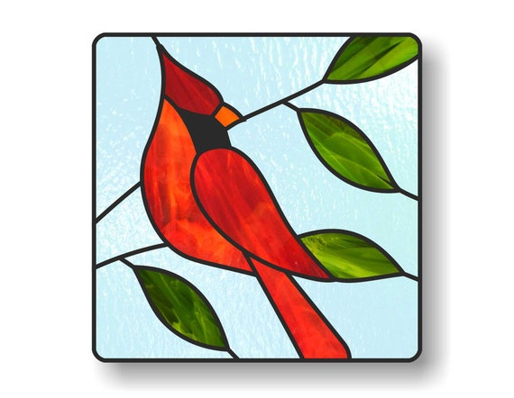 Stained glass square patterns, red cardinal suncatcher pattern, digital PDF file, window hangings decoration