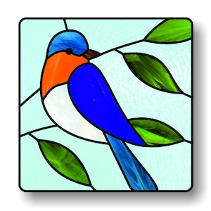 May include: A stained glass window design featuring a bluebird with an orange breast perched on a branch with green leaves. The background is a light blue.