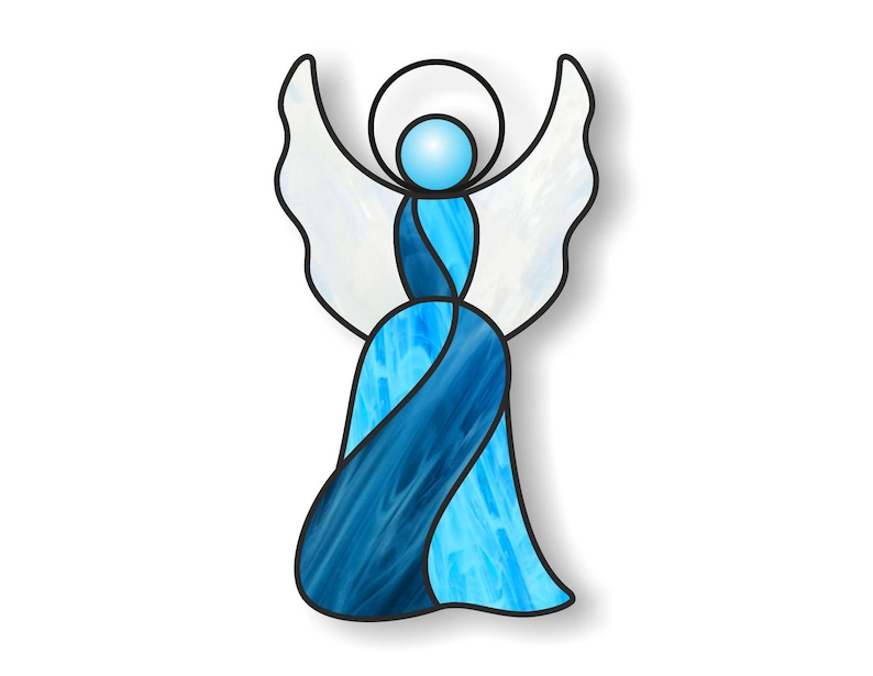 May include: A stained glass angel figurine with a halo and outstretched wings. The angel's body is a flowing design of blue hues, with lighter shades of blue and white in the wings. The figure has a black outline and is set against a white background.