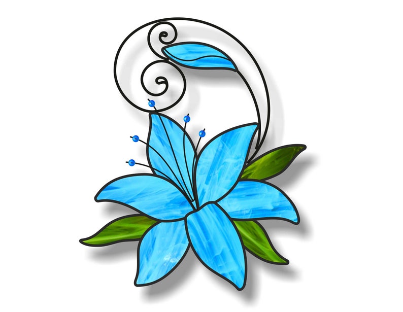 May include: A blue stained glass lily flower with green leaves and a decorative swirl design.