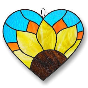 Stained glass patterns, heart sunflower suncatcher, flower digital PDF, hobby license, printable PDF pattern download