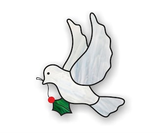 Dove with holly leaves stained glass digital pattern, printable PDF patterns download