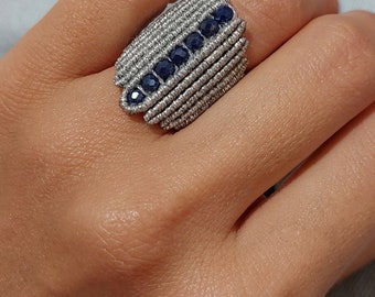 Handmade Macrame Ring with Crystals, Adjustable, Waterproof