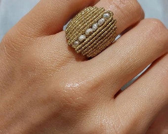 Handmade Macrame Ring with Freshwater Pearls, Adjustable
