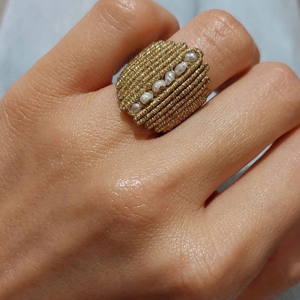 Macrame Ring With Pearls, Macrame Ring, Macrame Rings With Freshwater White Pearls,Handmade Rings, Knotted Ring With Pearls, Adjustable Ring