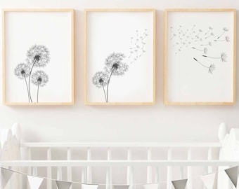 Printable art prints beige brown home decor Set of 2 dandelion watercolor painting digital prints Nursery bedroom Wall Print
