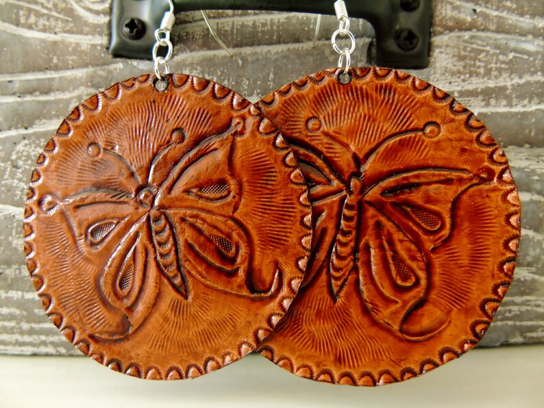 Hand Tooled Leather Earrings Leather JewelryWestern EarringsPagan EarringsBoho EarringsPersonalized JewelryCowgirl JewleryCircle