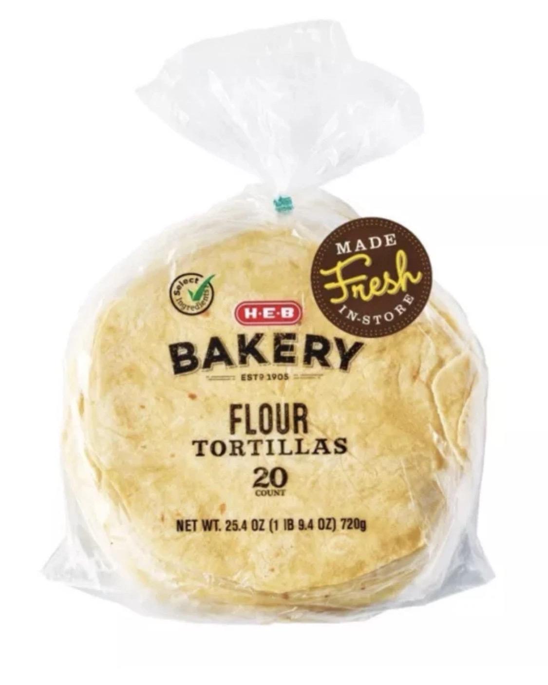 The TEXAS HEB Bakery Flour Tortillas 4 pack contains a total of 80 fresh tortillas from the HEB brand. Each pack includes 4 bags of 20.