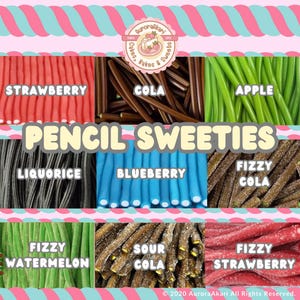 Lápices / Dulces / Caramelos con sabor a frutas, gaseosos y de regaliz ¡Gran selección!