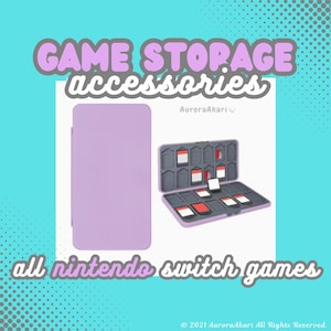 Könnte beinhalten: Ein lila Spielaufbewahrungskoffer und ein grauer Spielkassettenhalter mit mehreren Spielkassetten. Der Text auf dem Bild lautet "GAME STORAGE accessories" und "all nintendo switch games".