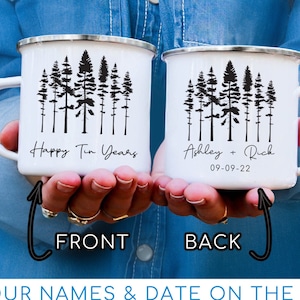 Tin Year Anniversary Mugs, Personalized 10th Wedding Celebration, Anniversary Gift, Custom 10 Year Husband Wife Camp Mugs Camping cups