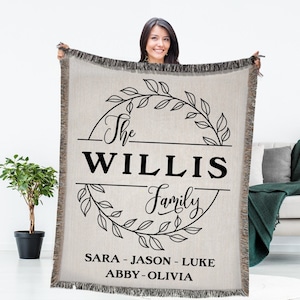Custom Family Name Blanket, Family Gift Idea Custom Blanket, Family Gift For Christmas, Personalized Cotton Throw, Farmhouse Woven Blanket