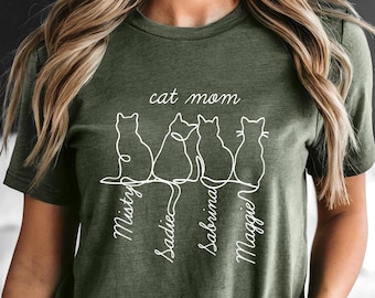 Camiseta personalizada con nombres de gatos para mamás de gatos, regalo personalizado para mamás de gatitos