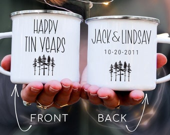 10 Year Anniversary Gift for Husband Tin Year Mugs, 10th anniversary gift for her 10th Wedding Anniversary for Couple Personalized Camp Mugs