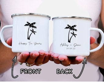 Personalized 10th Anniversary Camp Mug, Palm Tree, Tin Anniversary Gift