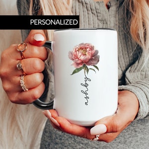 Peony Gifts, Peony Mug, Gifts for Her, Personalized flower mug, Custom Name Gift for Bridesmaid, Gifts For Women