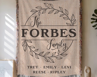 Custom Family Name Blanket, Personalized Cotton Throw, Farmhouse Style Woven Blanket