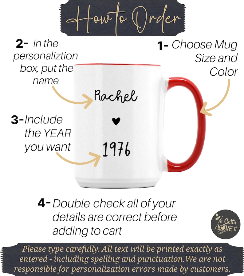 May include: White mug with a red handle and interior rim. The mug features the name "Rachel", a heart symbol, and the year "1976" in black text. Instructions on how to order are also included in the image.