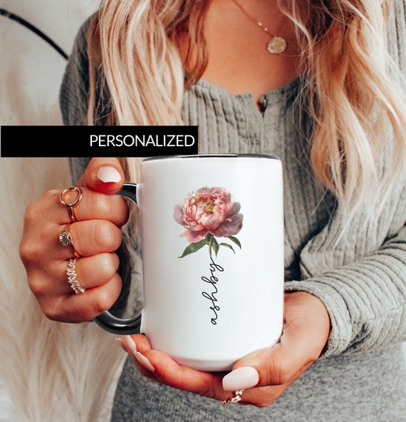 Peony Gifts, Peony Mug, Gifts for Her, Personalized flower mug, Custom Name Gift for Bridesmaid, Gifts For Women