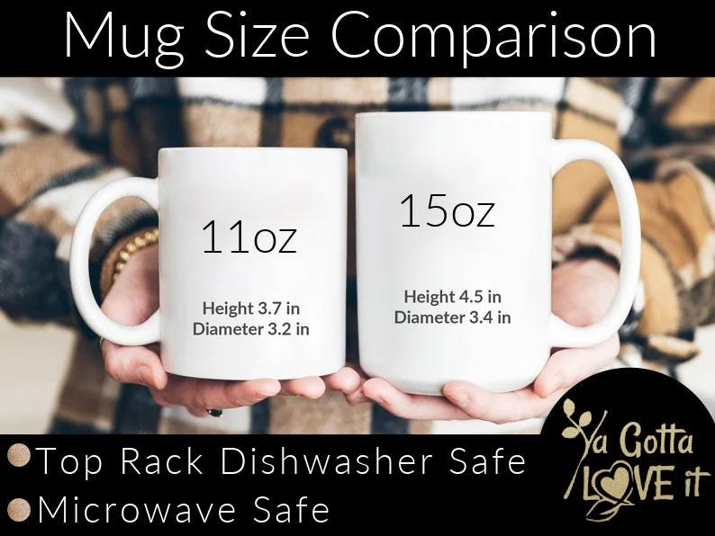 May include: Two white ceramic mugs, one 11 oz and one 15 oz, with black text indicating size and dimensions in inches. The mugs are held by hands and the text "Top Rack Dishwasher Safe" and "Microwave Safe" is visible below the mugs. The text "Ya Gotta LOVE it" is visible in the lower right corner.