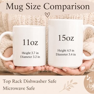 Puede incluir: Dos tazas de cer&aacute;mica blanca con el texto Mug Size Comparison. La taza izquierda es de 11oz, 3.7 pulgadas de alto y 3.2 pulgadas de di&aacute;metro. La taza derecha es de 15oz, 4.5 pulgadas de alto y 3.4 pulgadas de di&aacute;metro. Apta para lavavajillas y microondas.