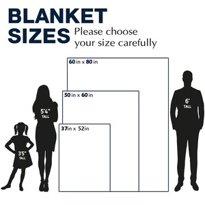 May include: Image showing blanket sizes with dimensions in inches: 60 x 80, 50 x 60, and 37 x 52. Silhouettes of a child (3'5"), a woman (5'4"), and a man (6') are included for size comparison. Text reads "BLANKET SIZES" and "Please choose your size carefully."