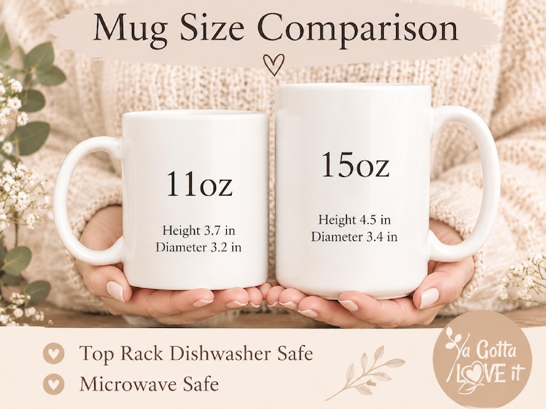 May include: Two white ceramic mugs labeled Mug Size Comparison. The left mug is 11oz, 3.7 inches high, 3.2 inches diameter. The right mug is 15oz, 4.5 inches high, 3.4 inches diameter. Text indicates Top Rack Dishwasher Safe and Microwave Safe.