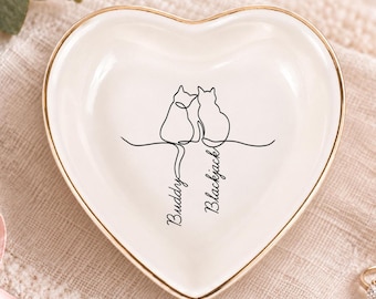 Personalized Cat Ring Dish, Custom Cat Jewelry Tray With Names, Cat Mom Gift, Cat Lover Wedding Present, Pet Keepsake