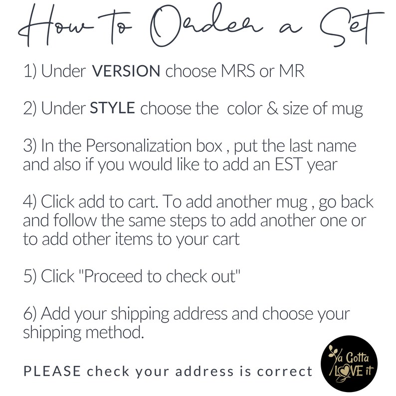 Puede incluir: Un gr&aacute;fico de instrucciones en blanco y negro titulado How To Order a Set. Enumera seis pasos para pedir tazas, incluyendo la elecci&oacute;n de la versi&oacute;n, el estilo, el color, el tama&ntilde;o y la adici&oacute;n de un apellido o un a&ntilde;o de establecimiento.