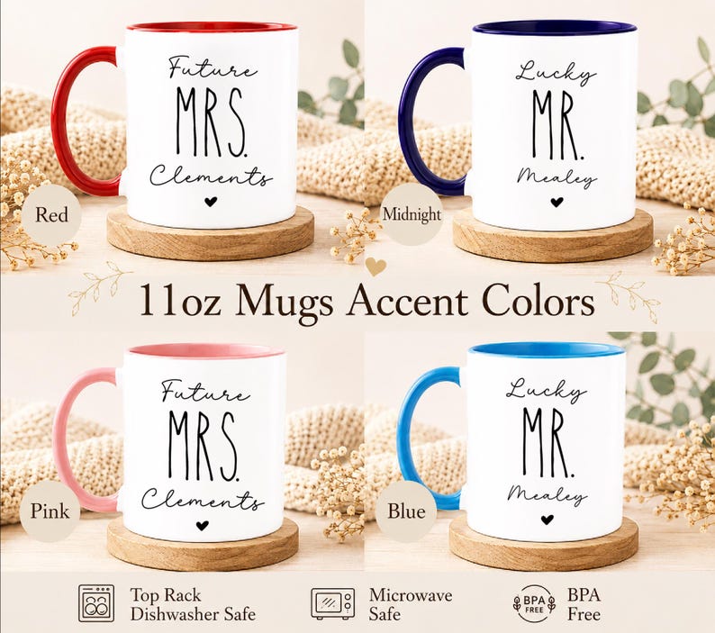 Puede incluir: Cuatro tazas de cer&aacute;mica de 11oz con cuerpo blanco y asas e interiores de colores rojo, azul medianoche, rosa y azul. Cada taza presenta texto negro que dice Future MRS. Clements o Lucky MR. Mealey con un peque&ntilde;o icono de coraz&oacute;n.