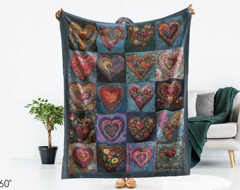 Hearts Patchwork Look Blanket: Plush Fleece Soft Throw, Printed-On Looks Like Embroidered Patches, Faux Embroidery