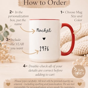 May include: A white ceramic mug with a red handle and rim, featuring the black printed name Rachel, a small heart icon, and the year 1976. The image includes instructional text labeled 1 through 4 explaining how to order custom personalization.
