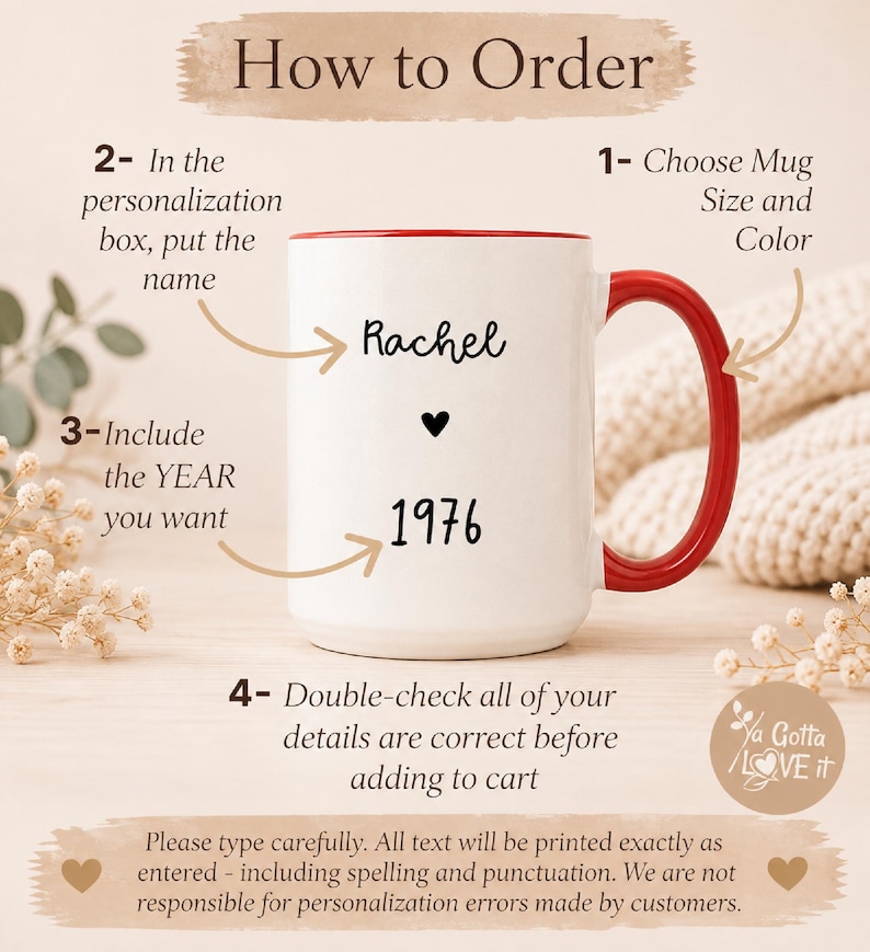 May include: A white ceramic mug with a red handle and rim, featuring the black printed name Rachel, a small heart icon, and the year 1976. The image includes instructional text labeled 1 through 4 explaining how to order custom personalization.