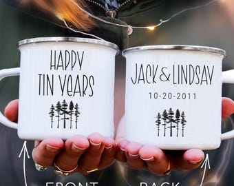 10 Years Anniversary Gift for Him Happy Tin Years Mugs, 10th anniversary gifts, 10th Wedding, Couple Personalized Camp Cups TN001