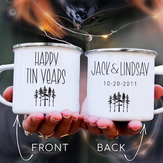 10 Years Anniversary Gift for Him Happy Tin Years Mugs, 10th anniversary gifts, 10th Wedding, Couple Personalized Camp Cups TN001