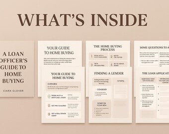 May include: A book titled "A Loan Officer's Guide to Home Buying" by Ciara Glover is displayed next to several informational pages. The pages include the text "Your Guide to Home Buying", "The Home Buying Process", and "Finding a Lender".