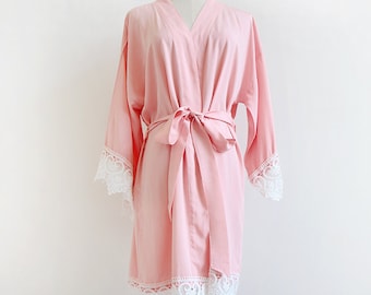 Blush Pink Lace Trim Rayon Robe for Bride & Bridesmaid — Soft, Breathable Wedding Morning Gift