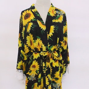 Black Sunflower Robe Women Kimono Fruit-Bridesmaid Lace Robe-Retro Bridesmaid Gift-Boho Wedding Party Bridal Party Gift-Rayon Fabric