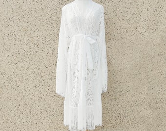 White Lace Bridal Robe with Tassels, Wedding Lingerie