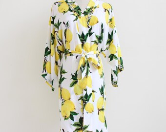Yellow Lemon Kimono Robe: Bridal Party Lace Robe