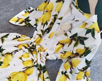 Lemon Print Rayon Robe: Retro Boho Kimono Cover-Up