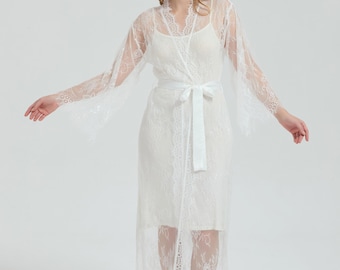 Longer White Lace Kimono Robe, Custom Bridal, Bridesmaid Gift, Wedding Morning Pajamas