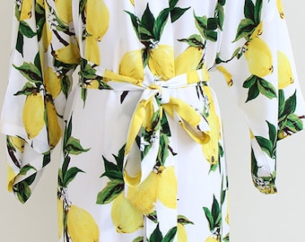 Lemon Print Kimono Robe: Bridal Party Lace Robe
