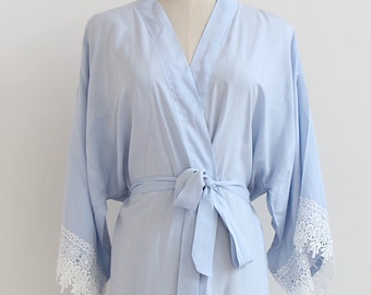 Light Blue Kimono Robe with Lace Trim, Bridal Party Gift