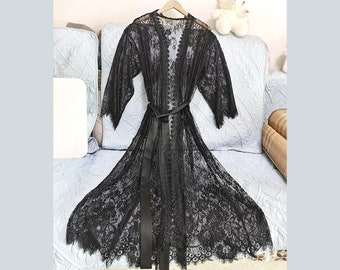 Bata larga de encaje negro: Kimono de novia, Regalo para fiestas