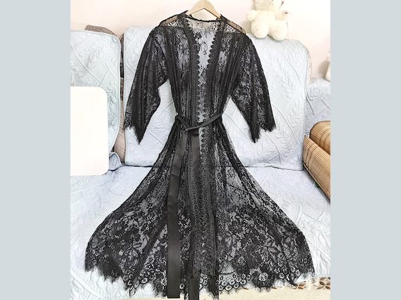 Long Black Lace Robe: Bridal Kimono, Party Gift
