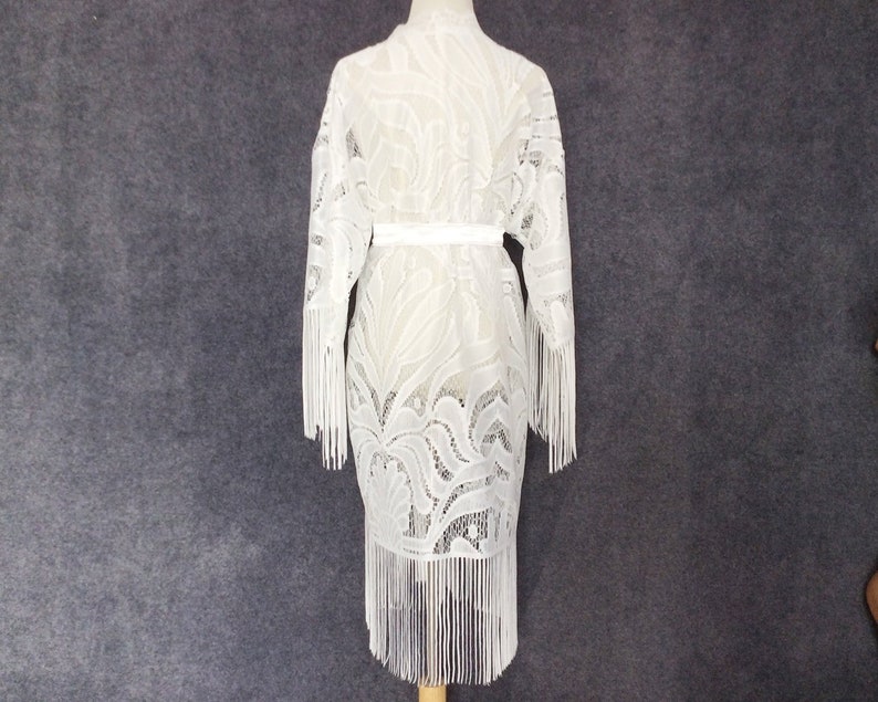 White Lace Fringe Robe: Bridal Kimono, Wedding Party Gift