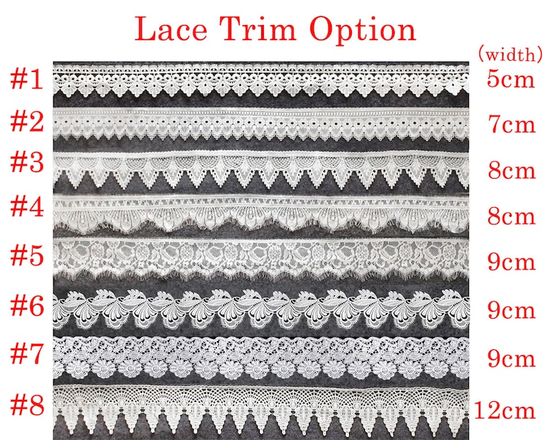 May include: A collection of eight white lace trim options labeled #1 through #8, with widths ranging from 5cm to 12cm. Each strip displays a distinct floral or geometric pattern, presented in a vertical sequence against a dark gray background.
