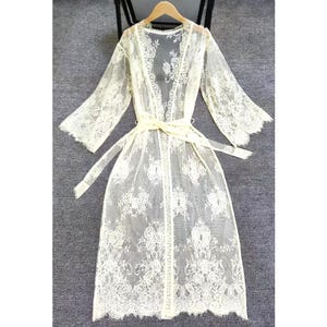 Long Lace Robe, Light Yellow Kimono Bridal Robe