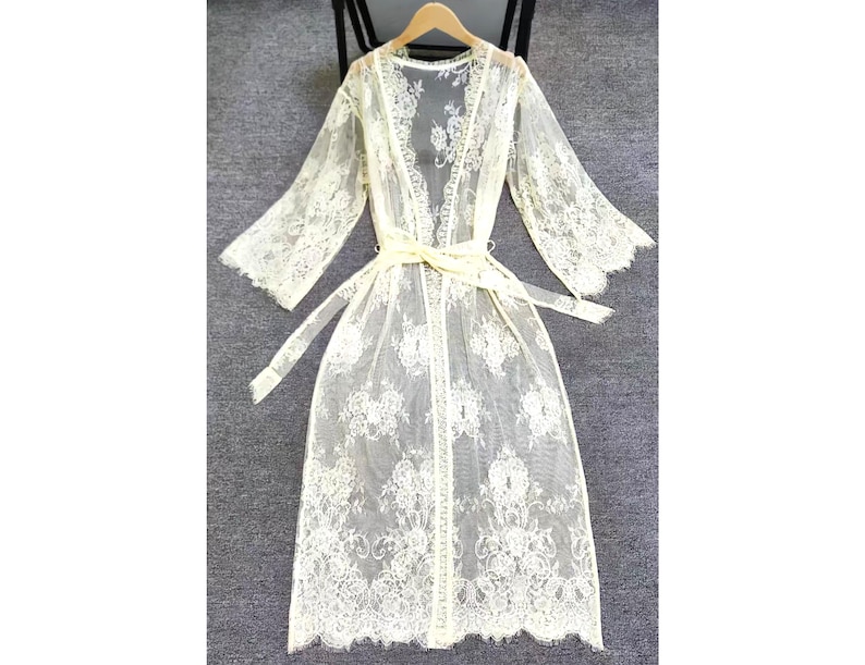 Long Lace Robe, Light Yellow Kimono Bridal Robe